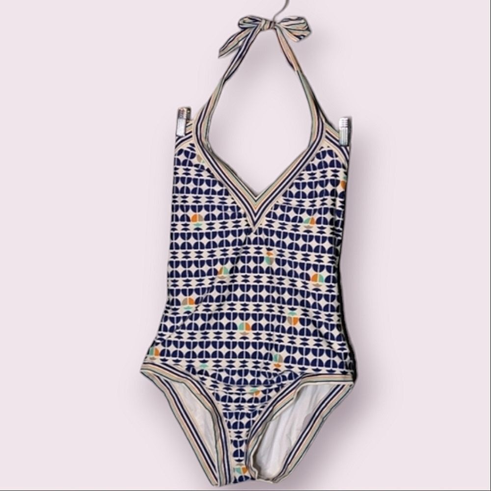 Trina Turk Blue White Orange Gray Geometric V Neck One Piece size 12